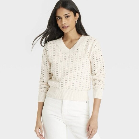 UNIVERSAL THREAD SWEATER OPENWORK KNIT CREAM V-NECK PULLOVER SIZE M NEUTRAL NWT - Picture 2 of 8